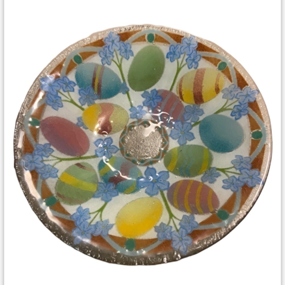 Peggy Karr Easter Egg Fused Art Glass Bowl Colorful Eater Eggs Blue Pink Green